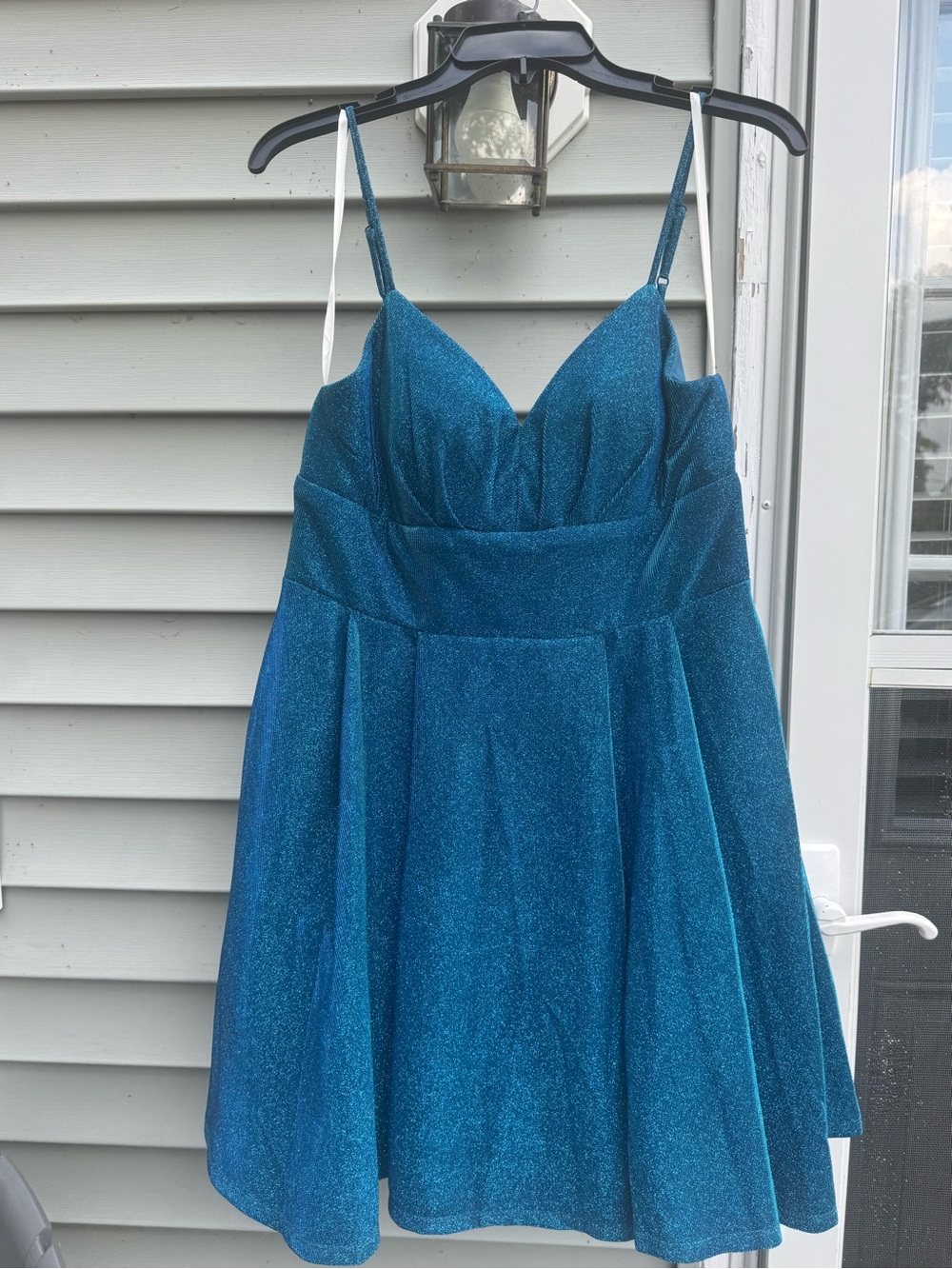 Juniors Teal Sparkle Party Dress with Spaghetti Straps